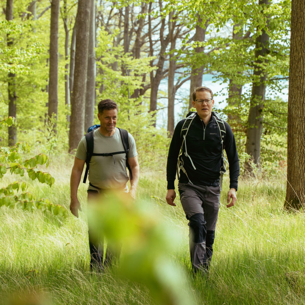 Två män vandrar på John Bauerleden mellan Gränna och Huskvarna, solen skiner